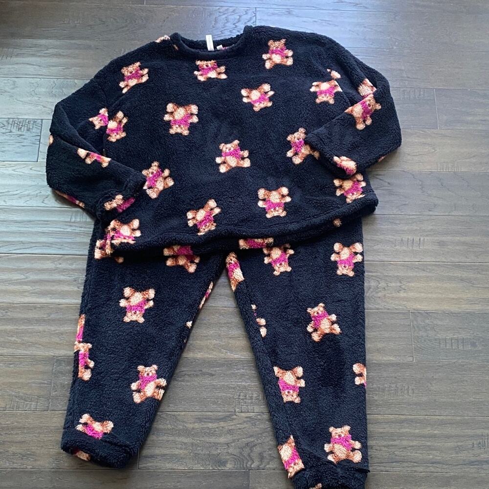 Cozy Black Teddy Bear Fleece Pajama Set Womens Sz XL Black Brown Crewneck